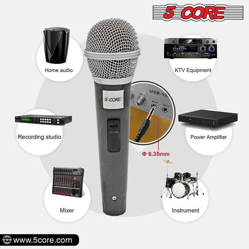 5 Core Karaoke Microphone Dynamic Vocal Handheld Mic Cardioid Unidirectional Microfono w On and Off Switch Includes XLR Audio Cable Mic Holder -PM 18-12