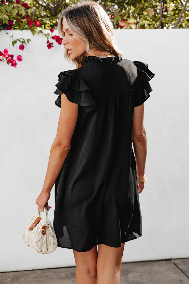 Pearl Ruffle Sleeve V Neck Frilled Shift Dress-1