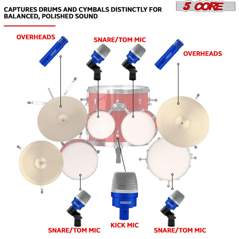 5Core Drum Mic Kit 7 Pcs Kick BassTom Snare Dynamic Microphone Instrument Mics Set Blue-1