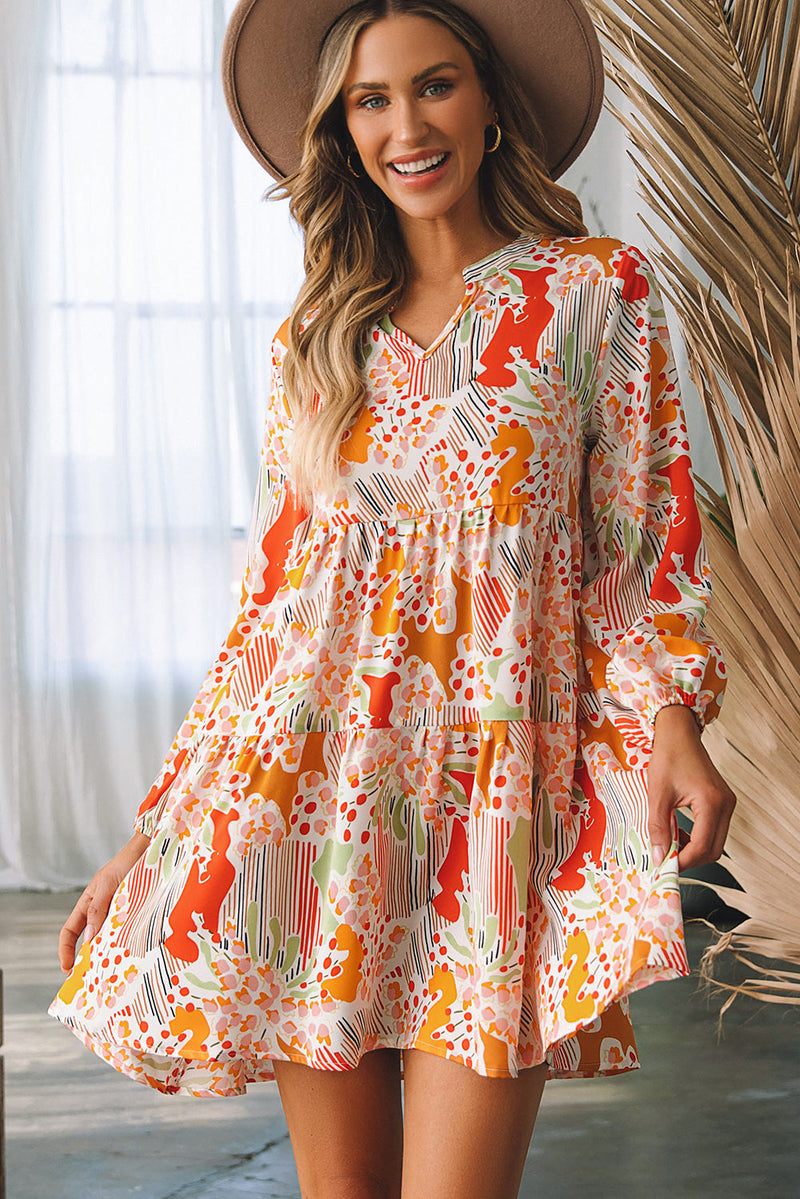 Daniella Split Neck Puff Sleeve Flowy Printed Dress-3