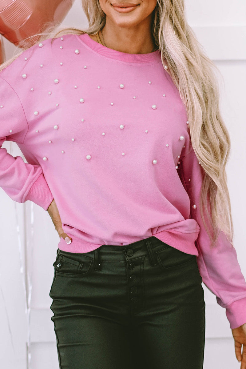 Lilah Pearl Detail Ribbed Crew Neck Sweatshirt-0