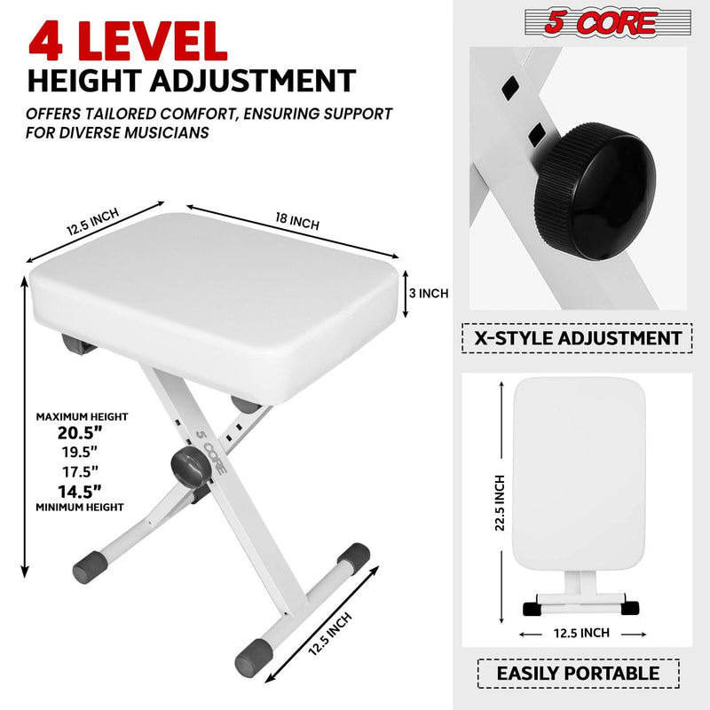 5 Core Keyboard Bench X Style Piano Stool Heavy Duty Adjustable Keyboards Chair White-2