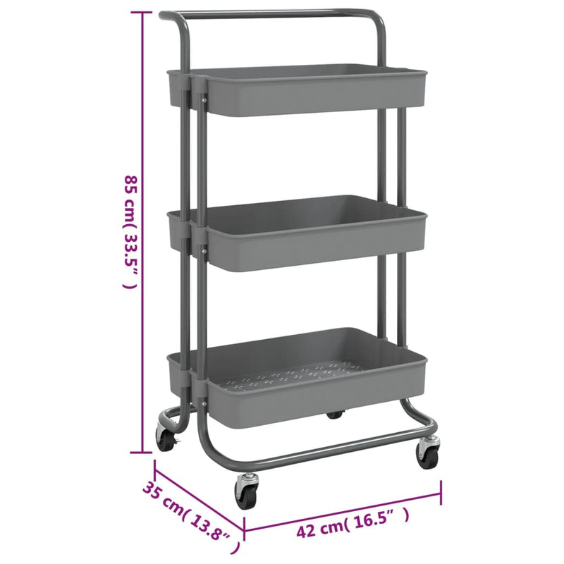 3-Tier Kitchen Trolley Gray 16.5"x13.8"x33.5" Iron and ABS