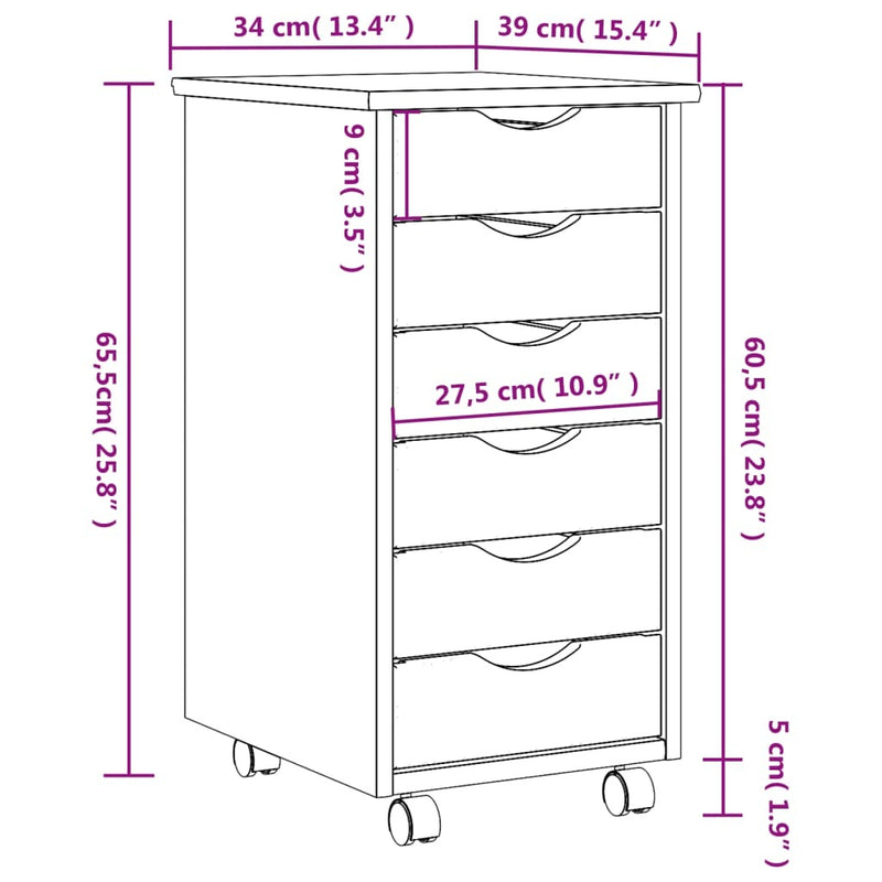 Rolling Cabinet with Drawers MOSS White Solid Wood Pine