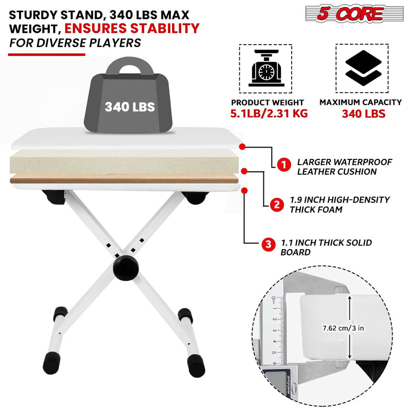 5 Core Keyboard Bench X Style Piano Stool Heavy Duty Adjustable Keyboards Chair White-3