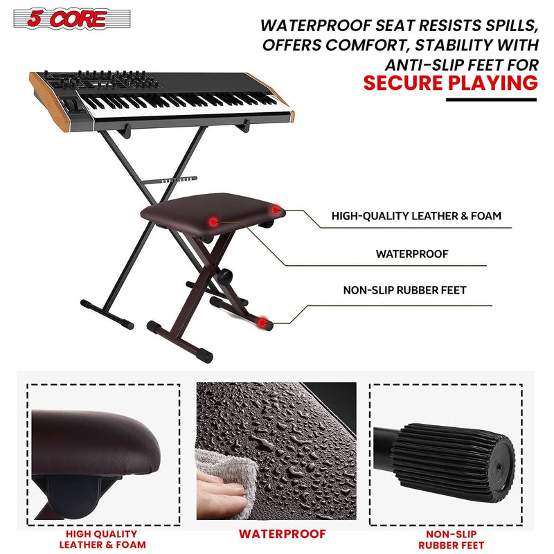 5 Core Keyboard Bench X Style Piano Stool Padded Adjustable Keyboards Chair Brown-3