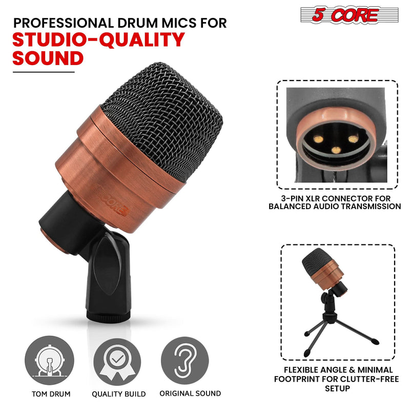 5 Core Tom Snare Mic Cardioid Dynamic Microphone for Drum Kit Precision Instrument COPPER-3