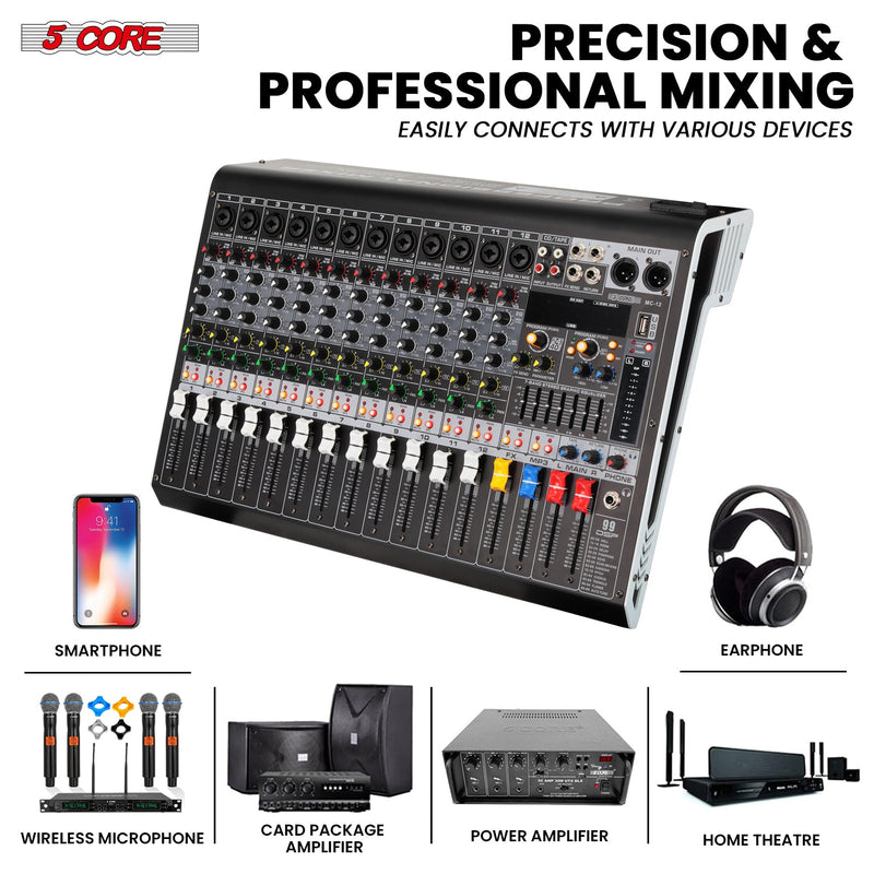 5 Core Audio Mixer 12 Channel DJ Equipment with Bluetooth USB Console Sound Board-3