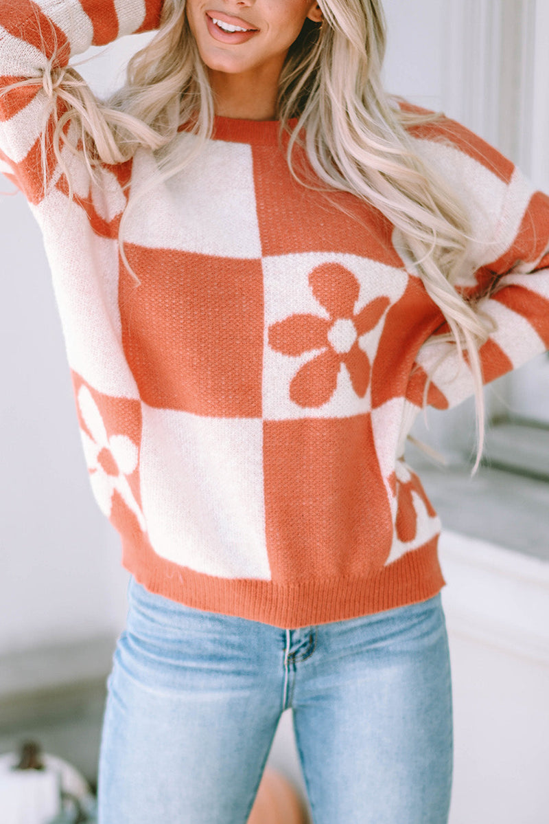 Miller Checkered Floral Striped Sleeve Sweater-0