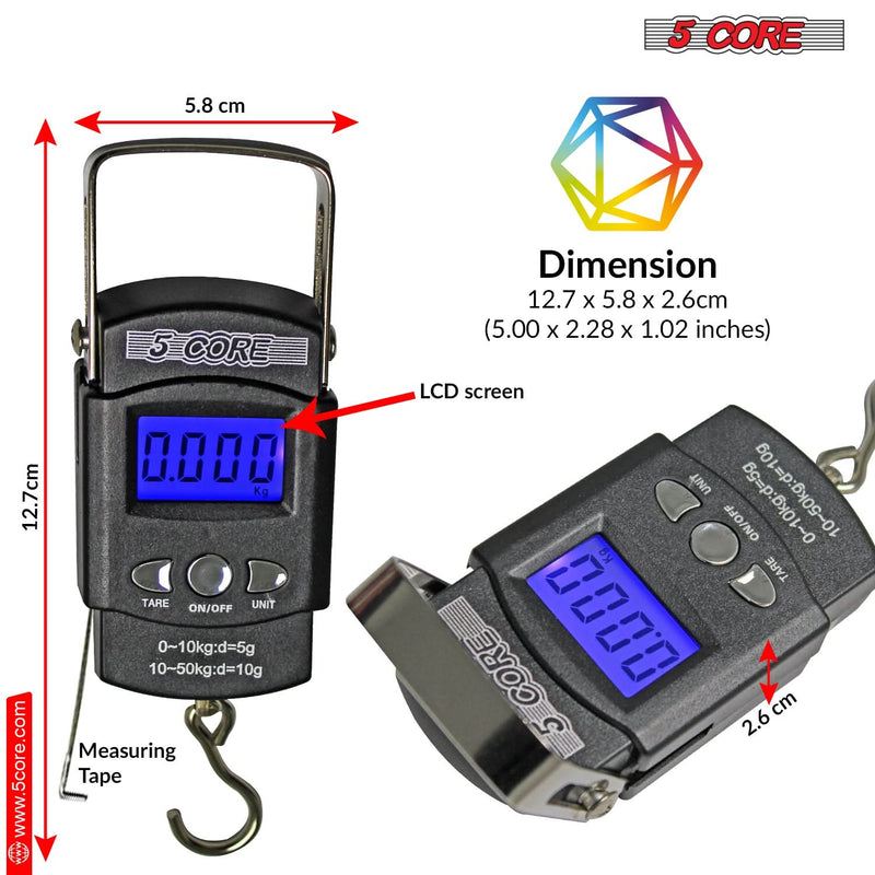 5Core Digital Fishing Scale 110lb/50kg Hanging Luggage Weighing Scales w Measuring Tape-1