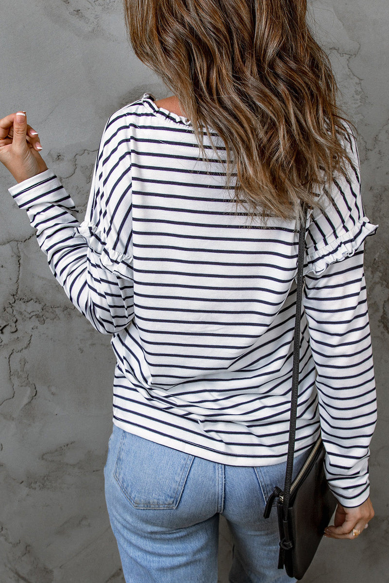 Emryn Striped Ruffled Buttoned Long Sleeve Top-1