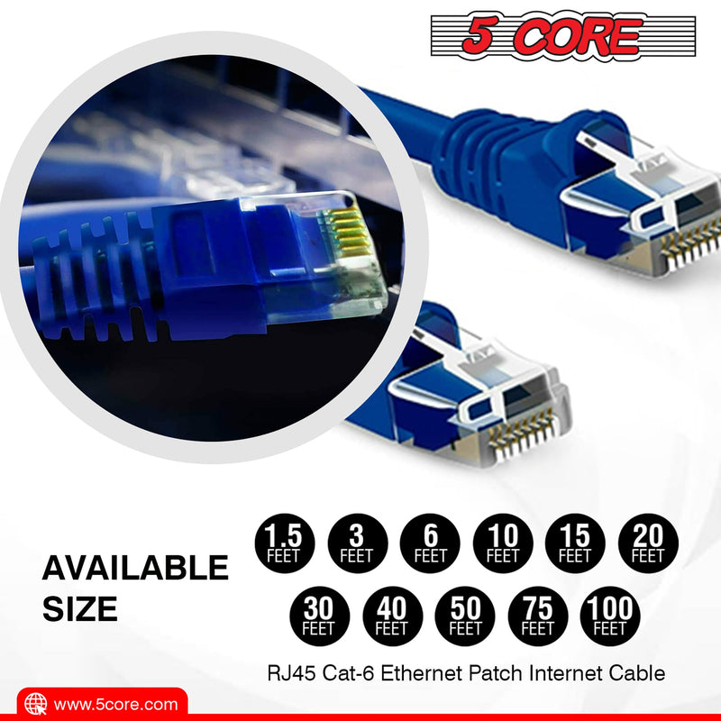 5 Core Ethernet Cable 1.5 Feet 1 Piece Blue Cat 6 Cord Premium RJ45 Internet Cable Cat6 Compatible w Cat 5 Cat 7 Cat 5e Network Cable -ET 1.5FT BLU-10