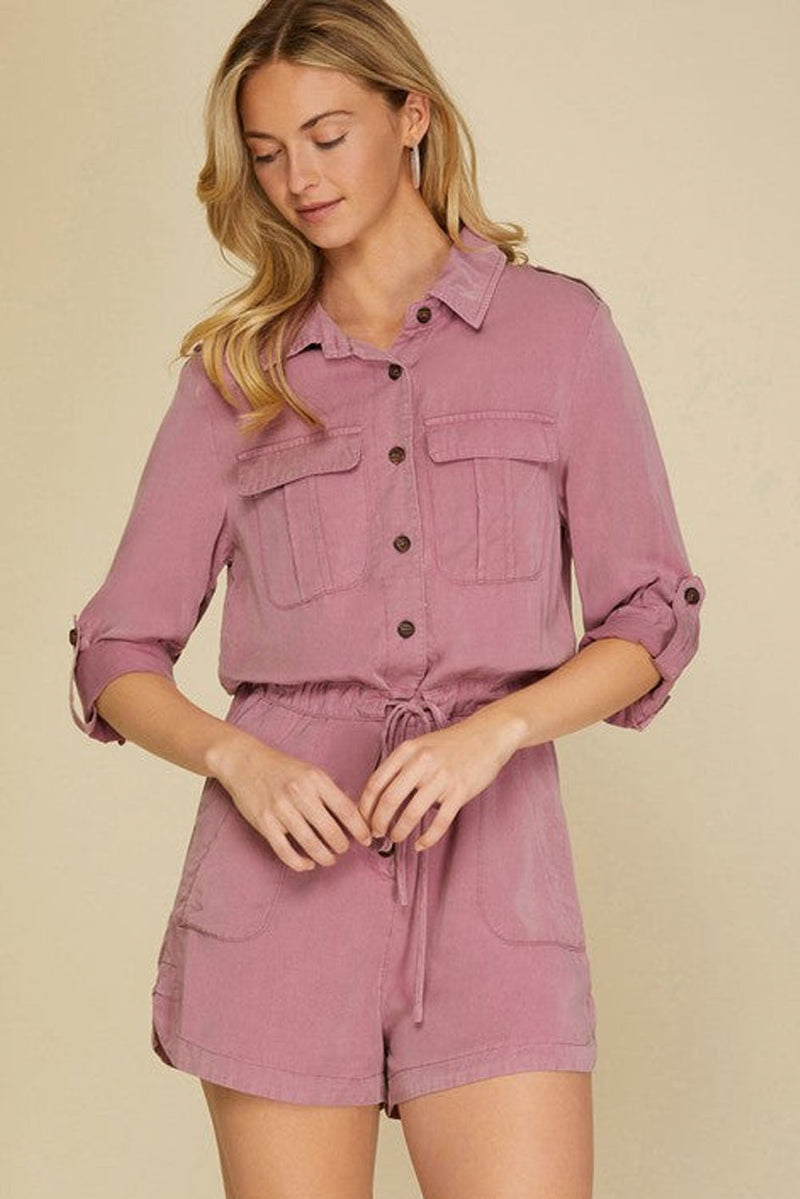 Reese Roll up Sleeve Flap Pockets Drawstring Romper-2