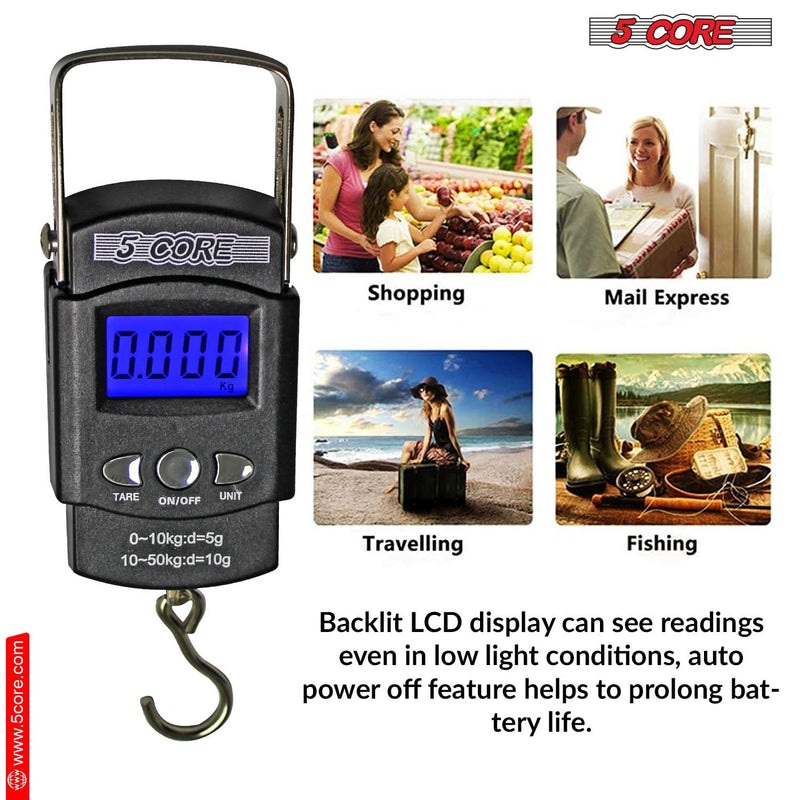 5Core Digital Fishing Scale 110lb/50kg Hanging Luggage Weighing Scales w Measuring Tape-3