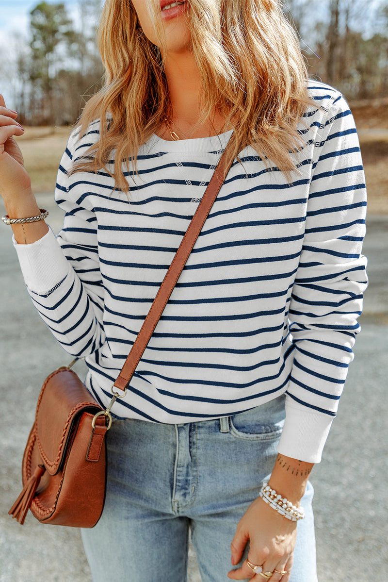 Hannah Striped Print Ribbed Trim Long Sleeve Top-0