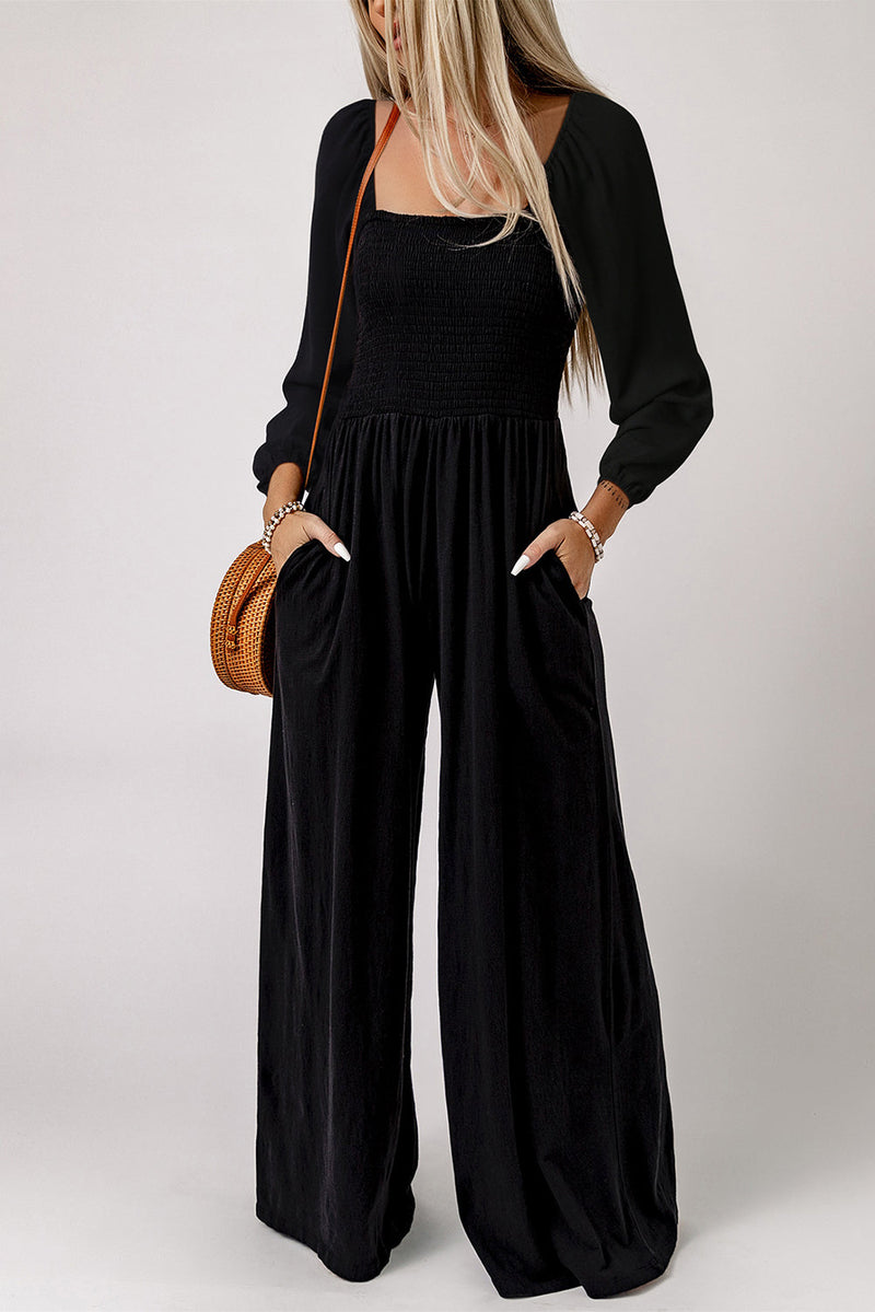 Ryleigh Smocked Square Neck Long Sleeve Wide Leg Jumpsuit-0