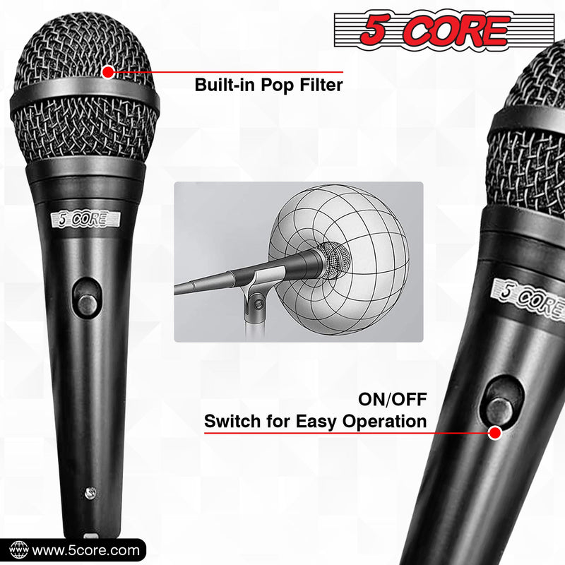 5 Core Dual Microphone Stand with Dynamic (2) Mic, (2) Mic Clips, XLR Cables, and Detachable Boom- MS DBL S +ND58 +ND57-9