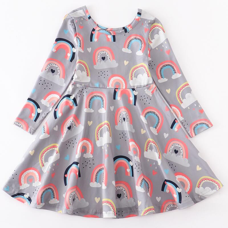 Girls Long Sleeve Boutique Flowy light weight Rainbow Swing Party Dress-0