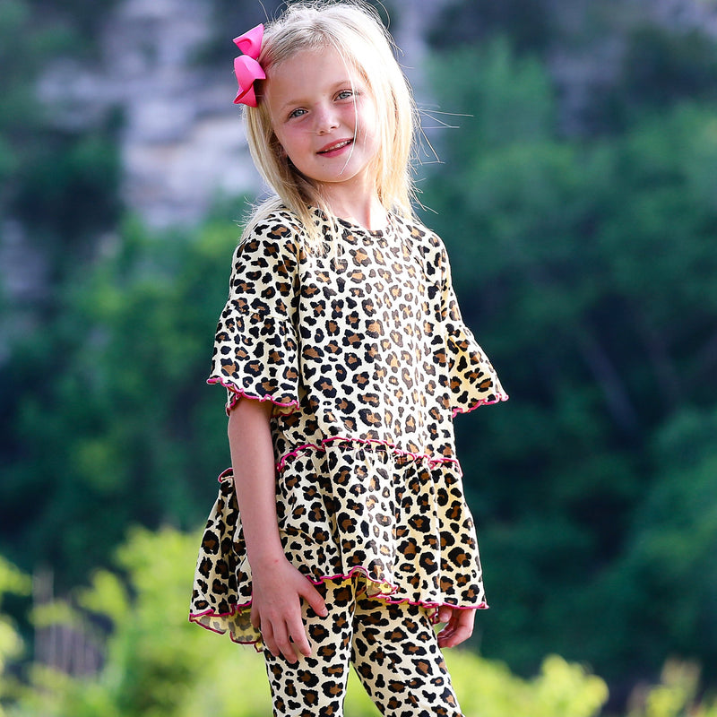 AnnLoren Little Girls 3/4 Angel Sleeve Leopard Cotton Knit Ruffle Shirt-4