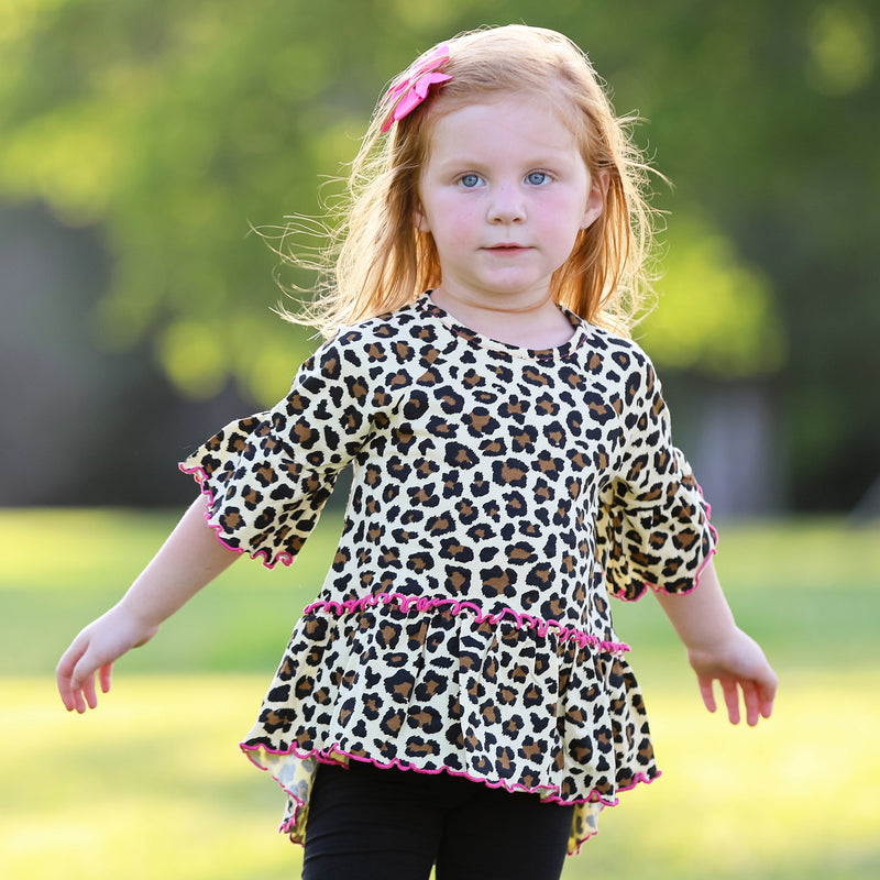 AnnLoren Little Girls 3/4 Angel Sleeve Leopard Cotton Knit Ruffle Shirt-1