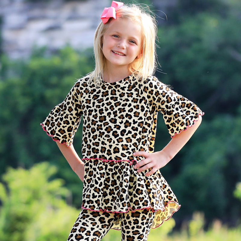 AnnLoren Little Girls 3/4 Angel Sleeve Leopard Cotton Knit Ruffle Shirt-2