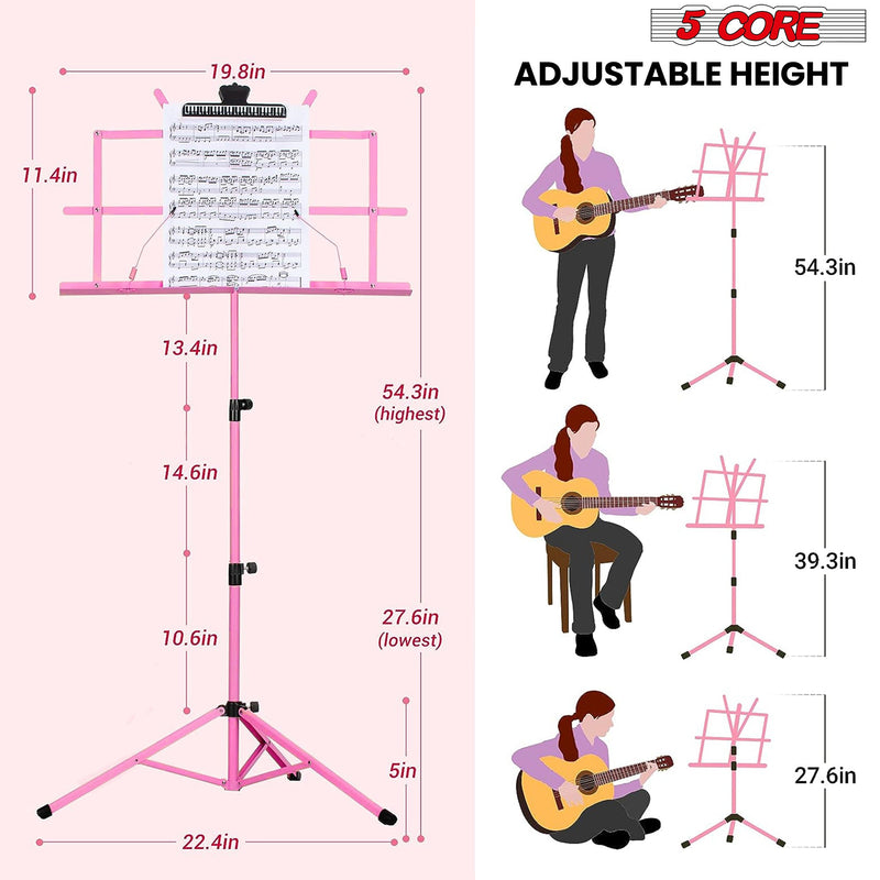 5 Core Music Stand, 2 in 1 Dual-Use Adjustable Folding Sheet Stand Pink / Metal Build Portable Sheet Holder / Carrying Bag, Music Clip and Stand Light Included - MUS FLD PNK-4