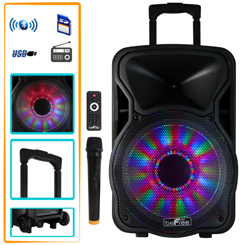 beFree Sound 12 Inch 2500 Watt Bluetooth Rechargeable Portable Party PA Speaker with Illuminating Lights