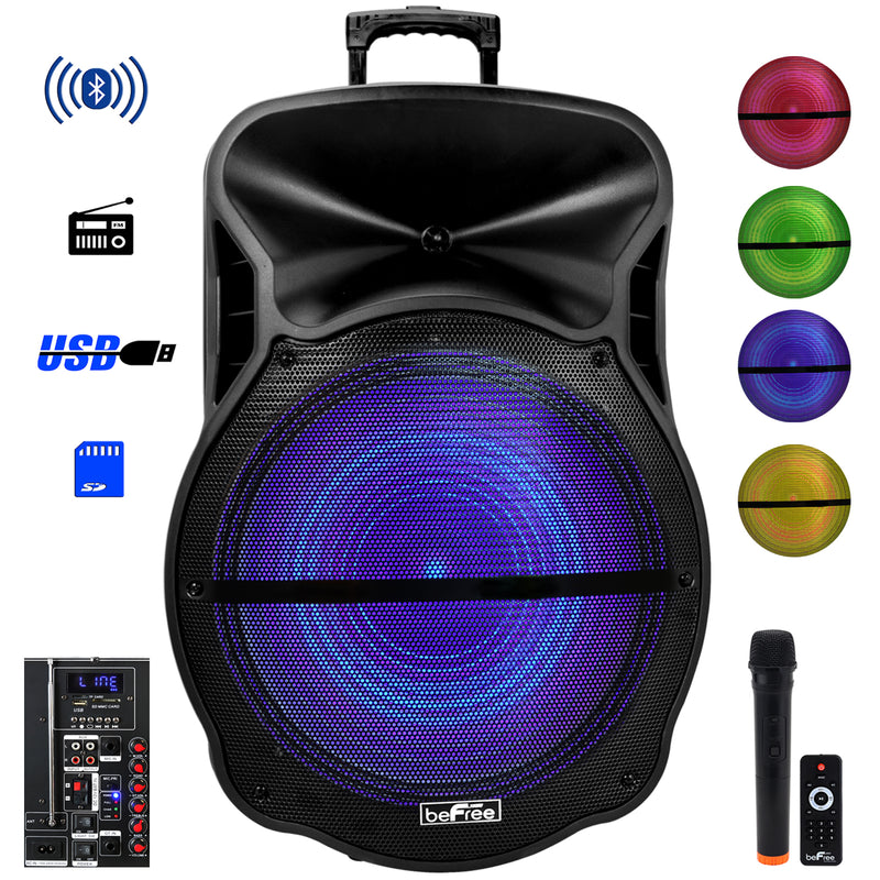 beFree Sound 18 Inch Bluetooth Portable Rechargeable Party Speaker with Sound Reactive LED Party Lights, USB/SD, Microphone/Guitar Inputs and FM Radio