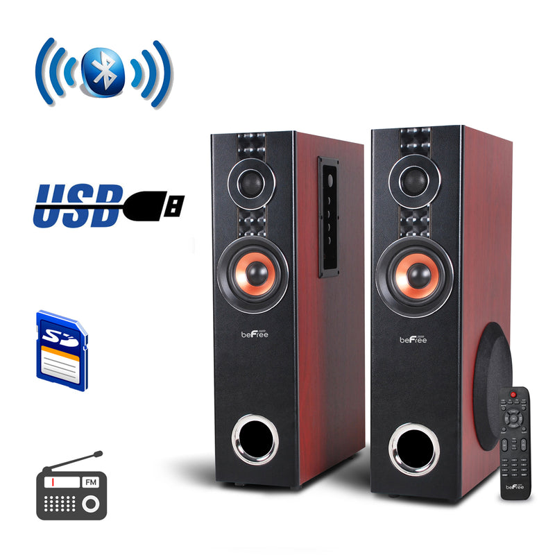 beFree Sound 2.1 Channel Powered Bluetooth Dual Wood Tower Speakers with Optical Input