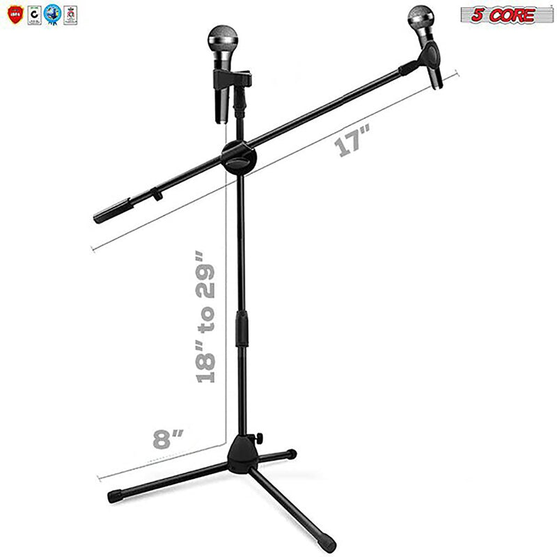 5 Core Dual Microphone Stand with Dynamic (2) Mic, (2) Mic Clips, XLR Cables, and Detachable Boom- MS DBL S +ND58 +ND57-18
