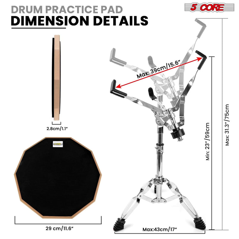 5 Core Drum Practice Pad Set 12" Adjustable Snare Drumming Stand Double Sided Silent Drummer Kit-3