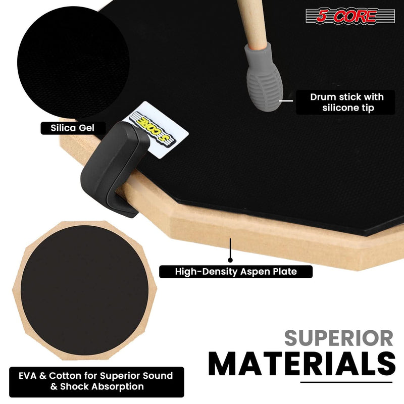 5 Core Drum Practice Pad Set 12" Adjustable Snare Drumming Stand Double Sided Silent Drummer Kit-4