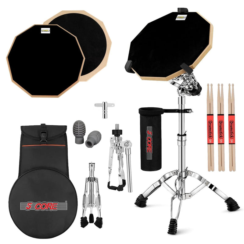 5 Core Drum Practice Pad Set 12" Adjustable Snare Drumming Stand Double Sided Silent Drummer Kit-0