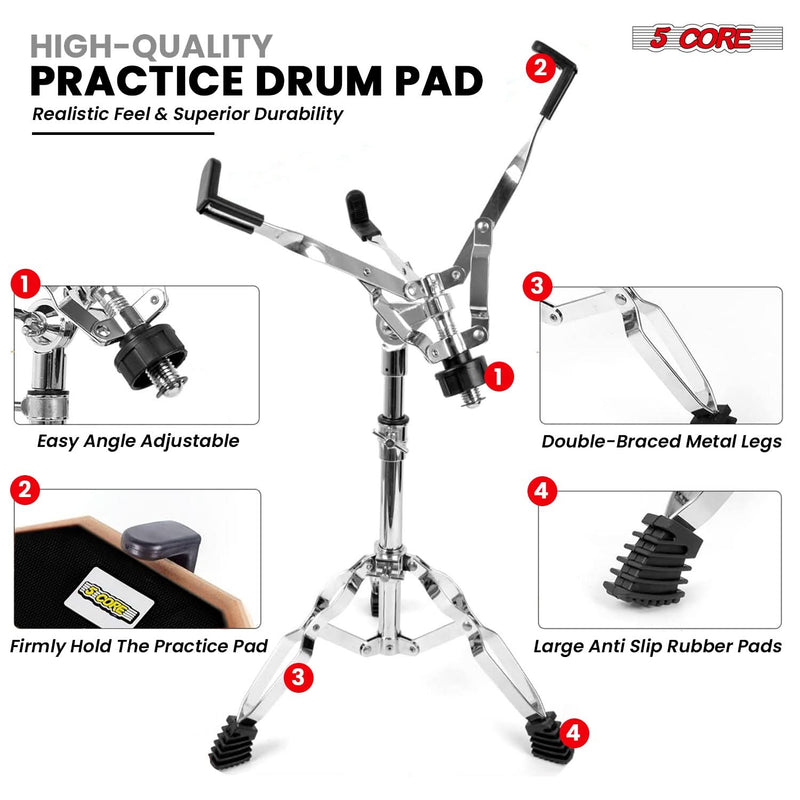 5 Core Drum Practice Pad Set 12" Adjustable Snare Drumming Stand Double Sided Silent Drummer Kit-1