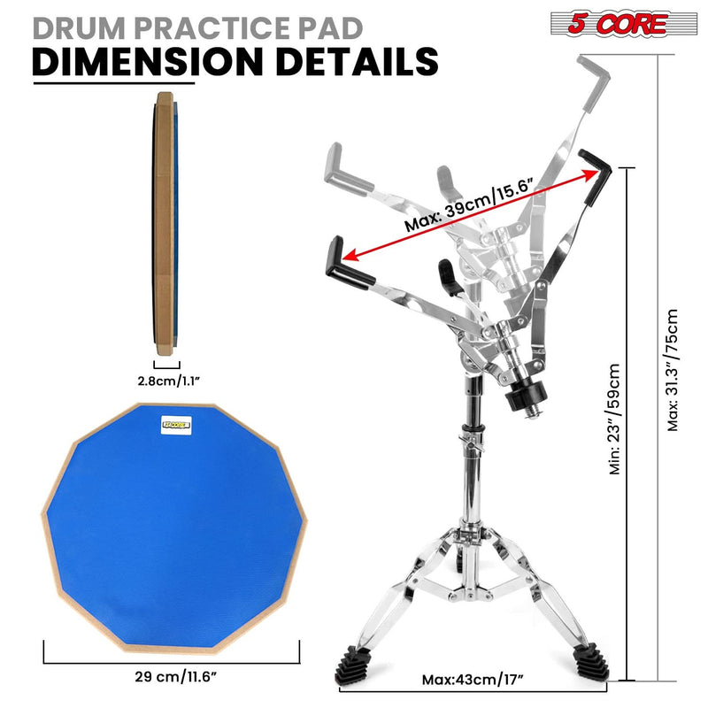 5 Core Drum Practice Pad Set 12" Adjustable Snare Drumming Stand Double Sided Silent Drummer Kit BLUE-3