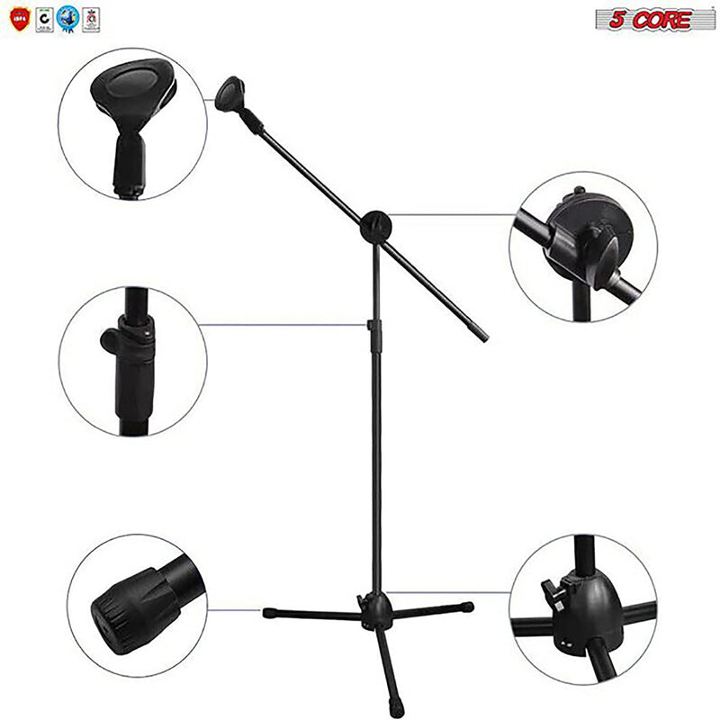 5 Core Dual Microphone Stand with Dynamic (2) Mic, (2) Mic Clips, XLR Cables, and Detachable Boom- MS DBL S +ND58 +ND57-5