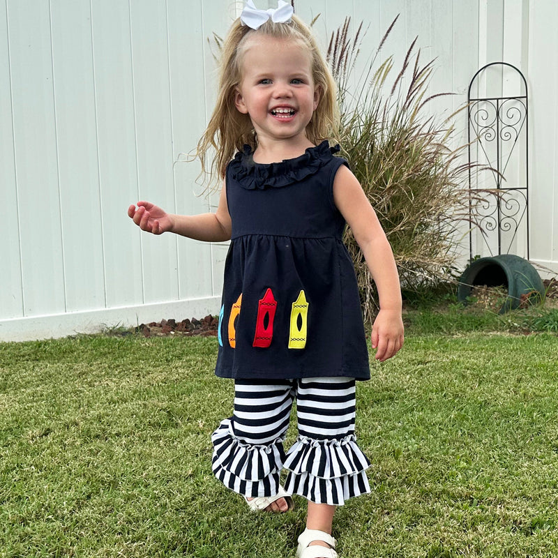 Girls Blue Crayon Tunic and Striped Ruffle Capris Back to School-4