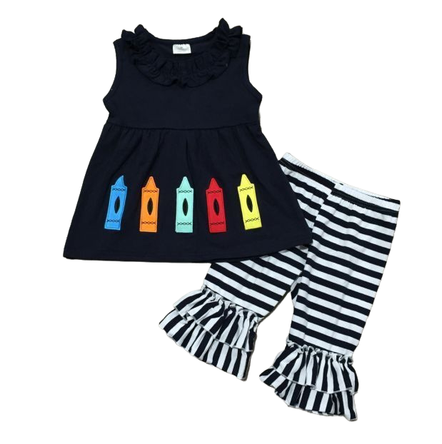 Girls Blue Crayon Tunic and Striped Ruffle Capris Back to School-2