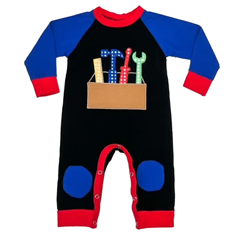 Baby Boys Blue Cotton Long Sleeve Tool Box Romper-0