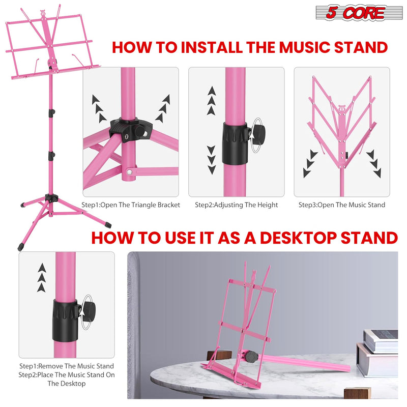 5 Core Music Stand, 2 in 1 Dual-Use Adjustable Folding Sheet Stand Pink / Metal Build Portable Sheet Holder / Carrying Bag, Music Clip and Stand Light Included - MUS FLD PNK-12