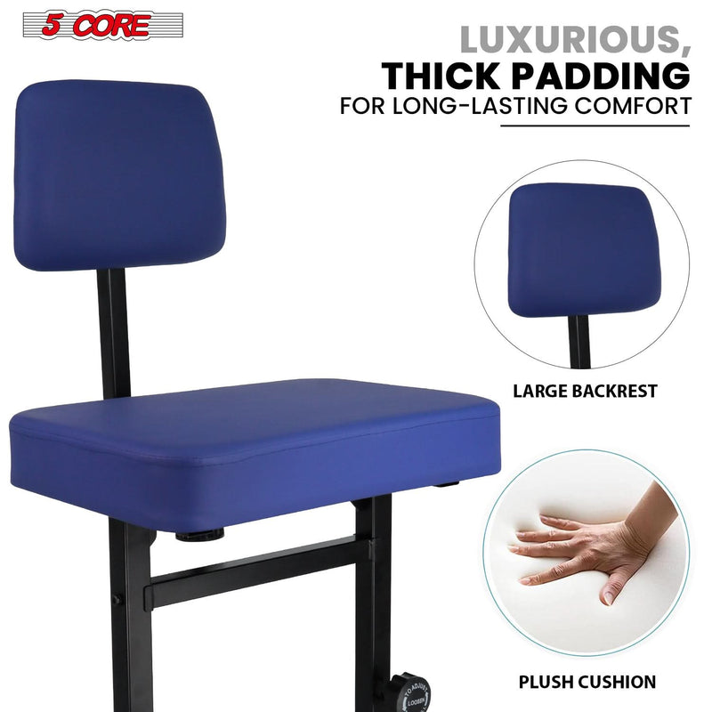 5 CORE Piano Bench Height Adjustable Keyboard Stool Stool Heavy Duty Thick Padded Cushioned Seat with Backrest Blue-3