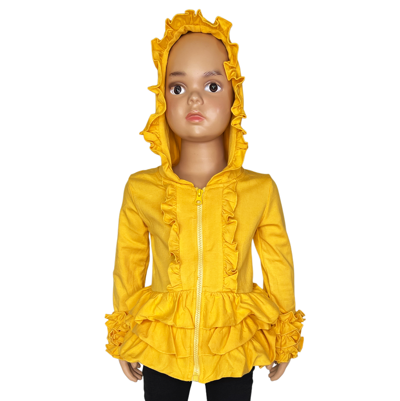 Girls Mustard Yellow Ruffle Hoodie Zipper Jacket Camp School-4