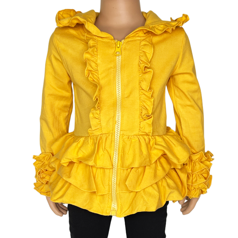 Girls Mustard Yellow Ruffle Hoodie Zipper Jacket Camp School-0