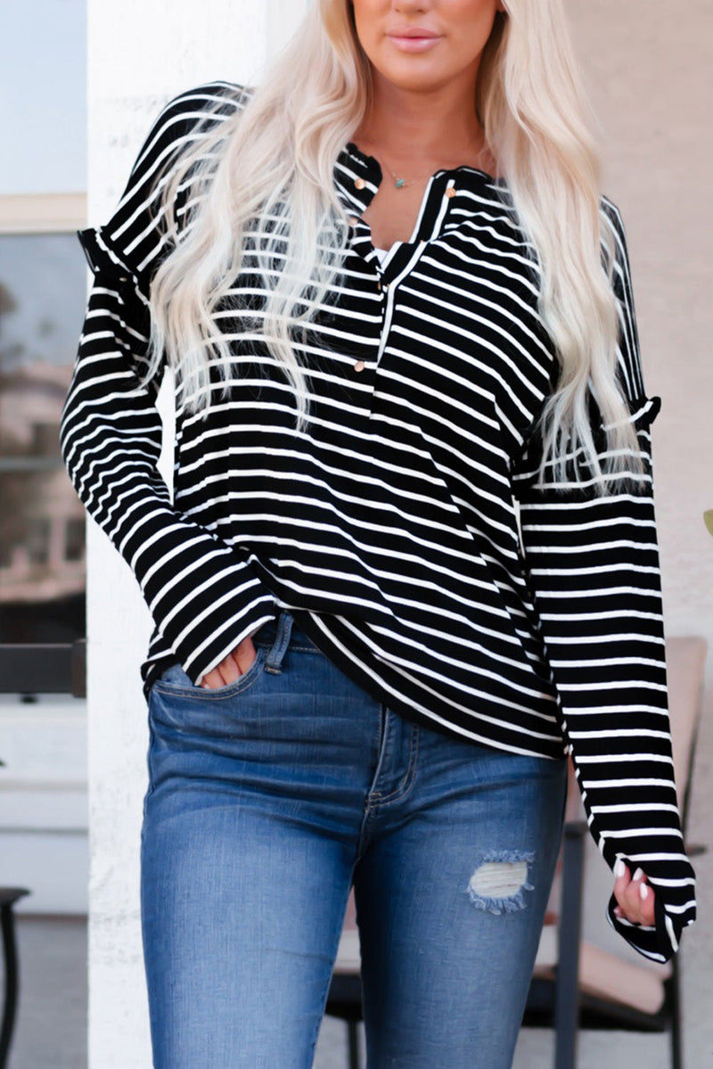 Emryn Striped Ruffled Buttoned Long Sleeve Top-2