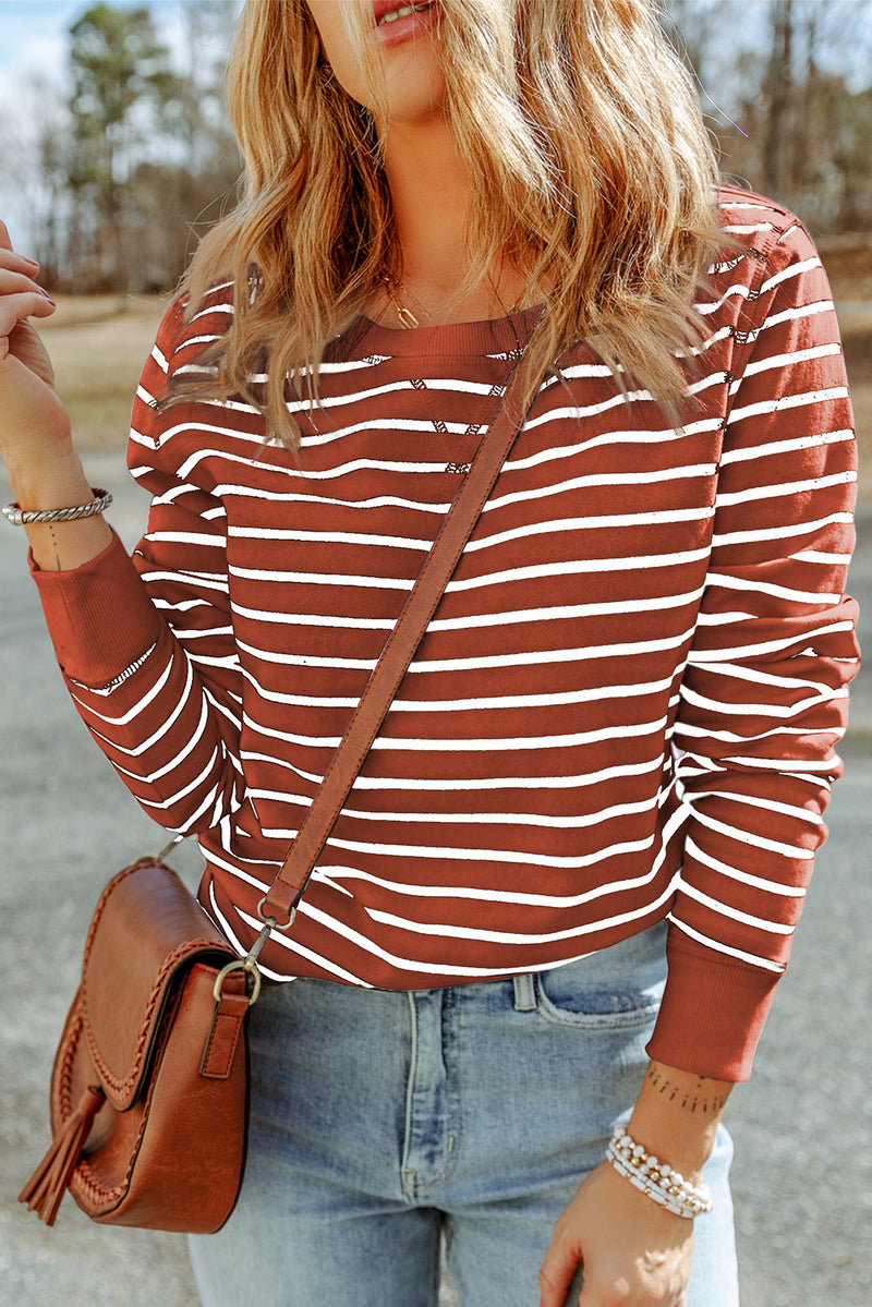 Hannah Striped Print Ribbed Trim Long Sleeve Top-2