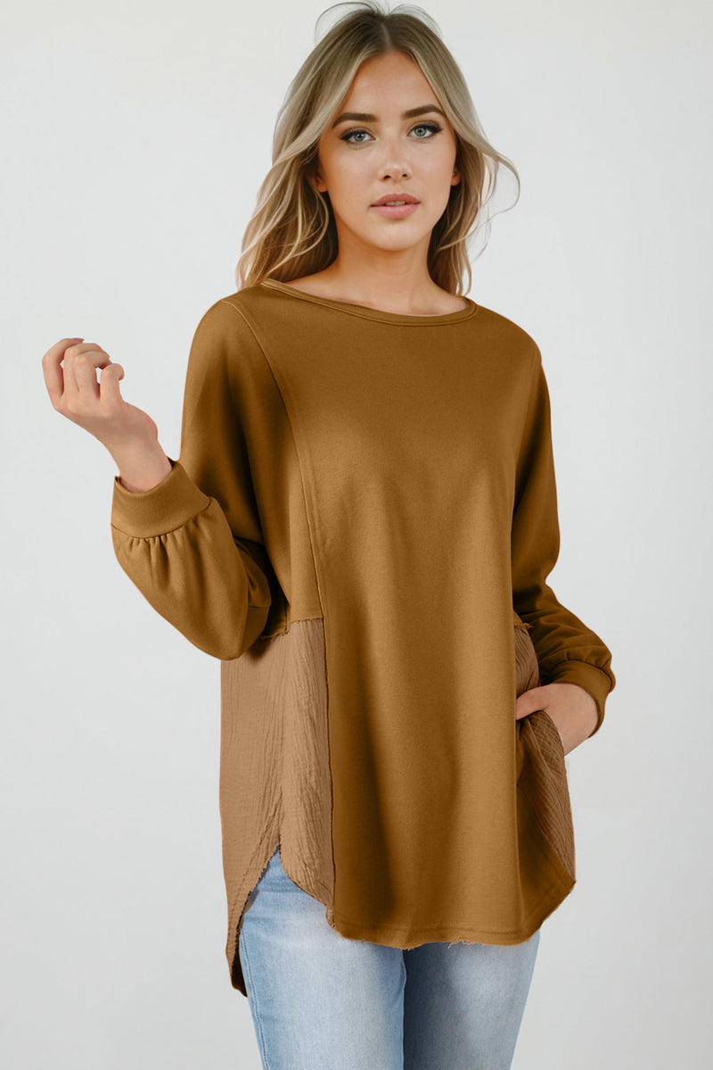 Dahlia Crinkle Splicing Raw Hem High Low Oversized Blouse-2