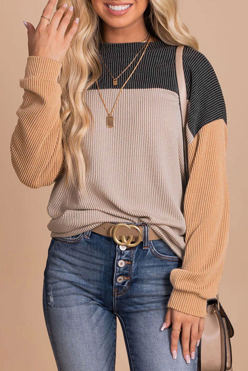 Rachel Block Long Sleeve Ribbed Loose Top-5