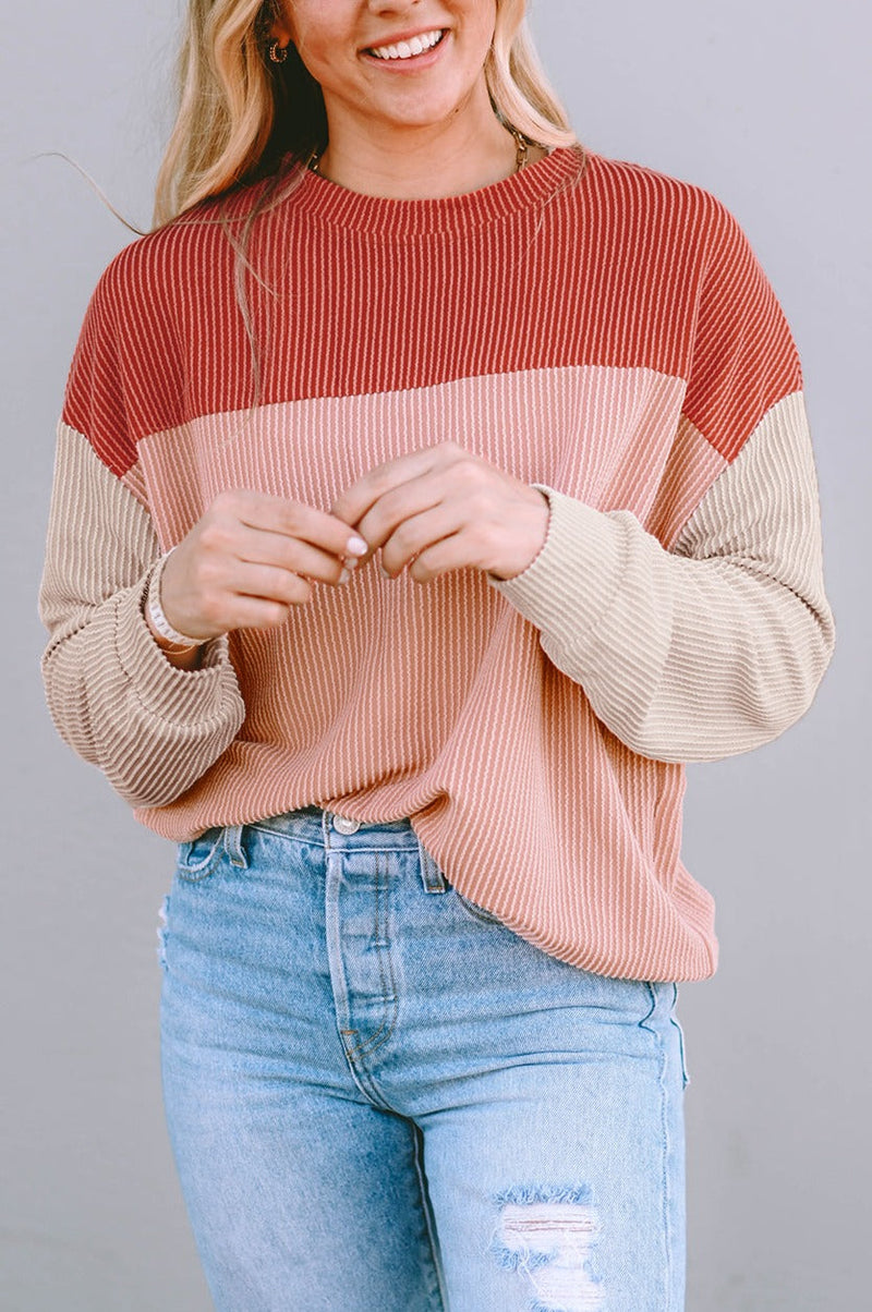 Rachel Block Long Sleeve Ribbed Loose Top-0