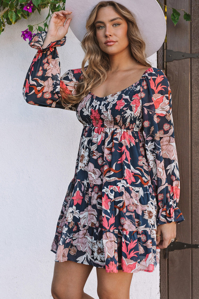 Tessa Floral Tiered Long Puff Sleeve Mini Dress-2