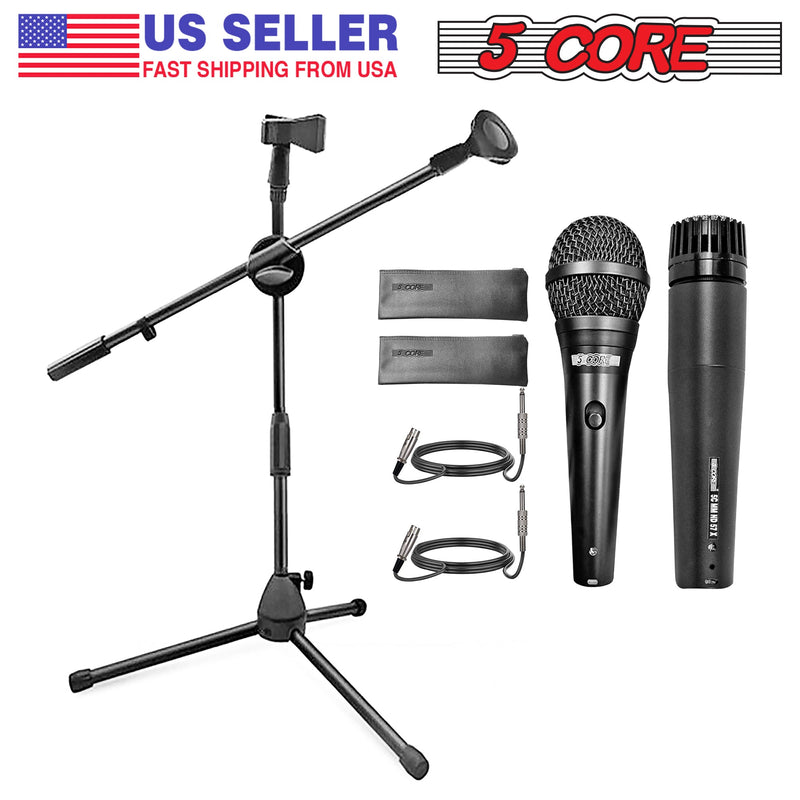 5 Core Dual Microphone Stand with Dynamic (2) Mic, (2) Mic Clips, XLR Cables, and Detachable Boom- MS DBL S +ND58 +ND57-1